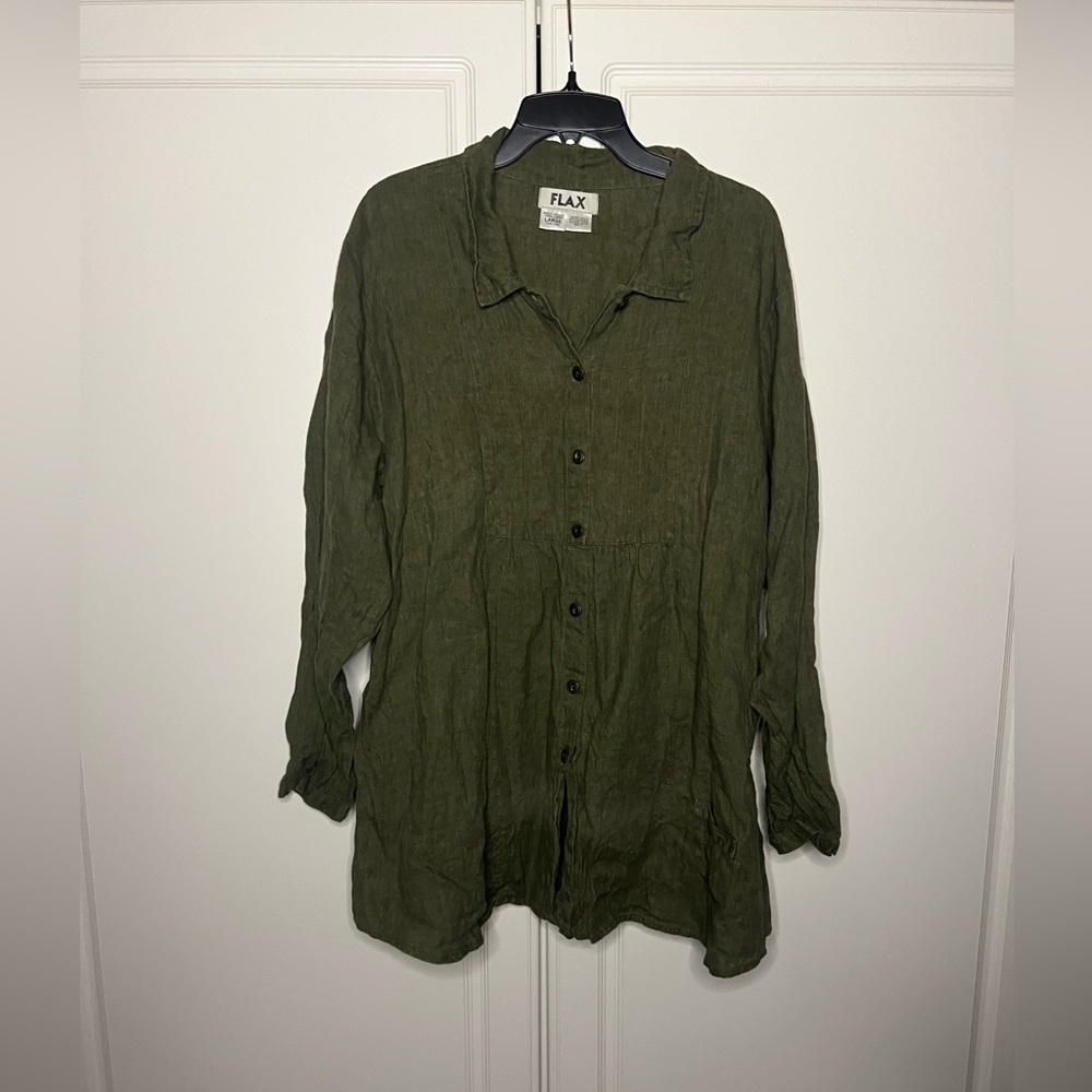 FLAX Linen Tunic Top Olive Green Large Lagenlook Button Front - Picture 2 of 10